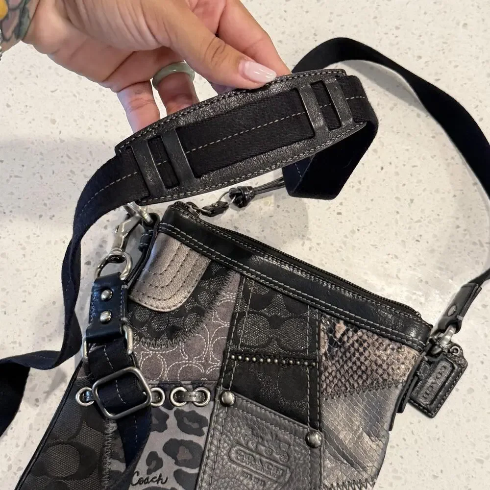 Vtg Coach Patchwork Crossbody Bag Small Black Leopard Leather Studded 42070 Y2K